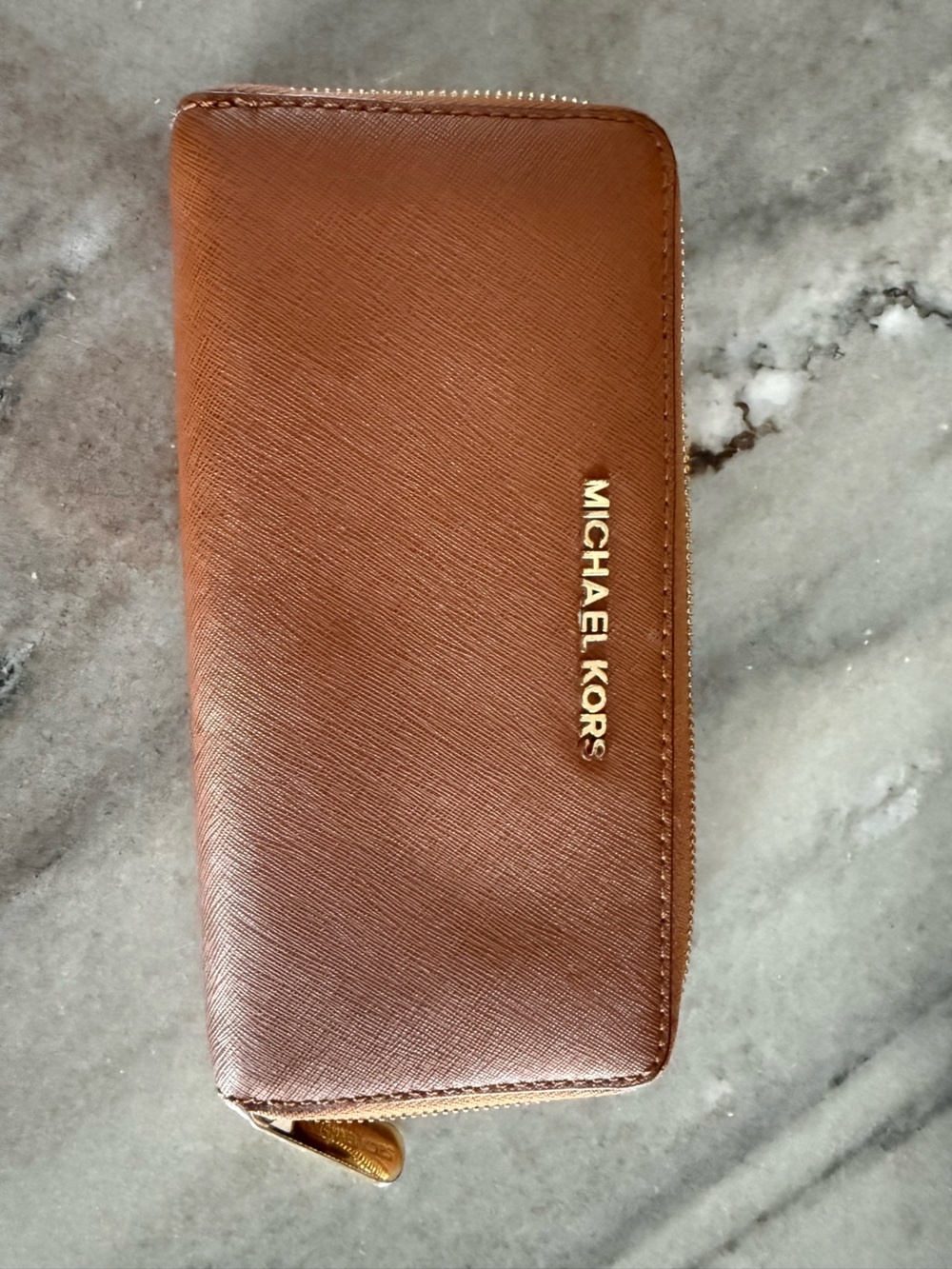 Michael Kors Travel Zip Around Brown Saffiano Leather Continental Wallet
